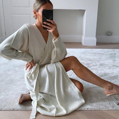 2021 Sexy Women Autumn Winter Solid Color Long Sleeve Knitted Wrap Belt Dress Maxi Robe Womens Clothing Party Dresses Vestidos