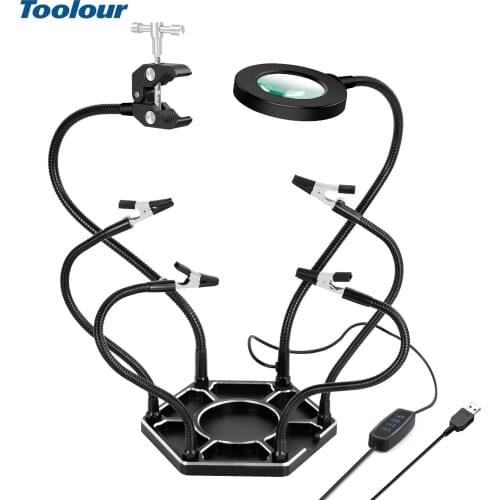 TOOLOUR 6Pcs Flexible Arms PCB Holder Soldering Stations Soldering Helping Hand 3X Magnifier LED Magnifying Glass Repairing Tool