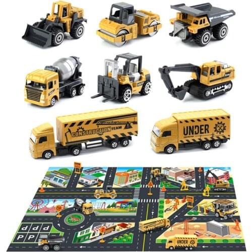 8Pcs Mini Construction Truck Car Models Road Sign City Map Carpet Kids Toy Set