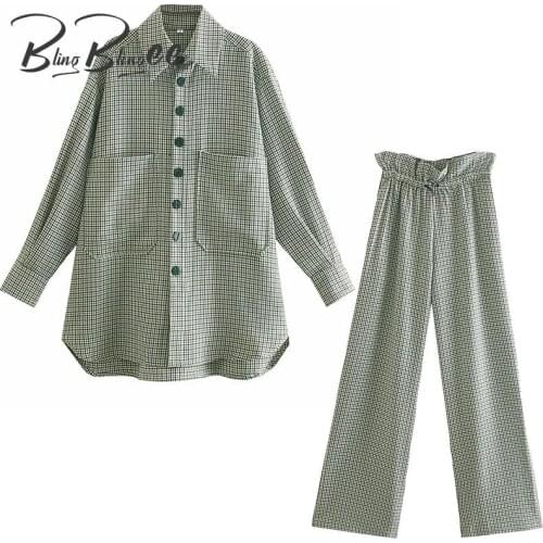 BlingBlingee 2021 Autumn Green Houndstooth Women Casual 2 Piece Sets Drop Shoulder Long Shirts and Straight Pants Female Suits