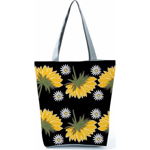 Sunflower Printed Black Womens Bag Refreshing Simple Shoulder Bags Eco Friendly Handbags High Capacity Portable Shopping Bags