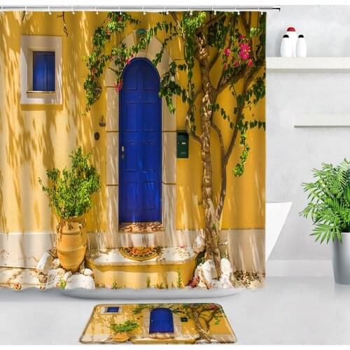 Rural Town Street Flowers Scenery Shower Curtains Bath Mats Set Yellow Wall Blue Wooden Door Garden Decor Bathroom non-slip Rugs