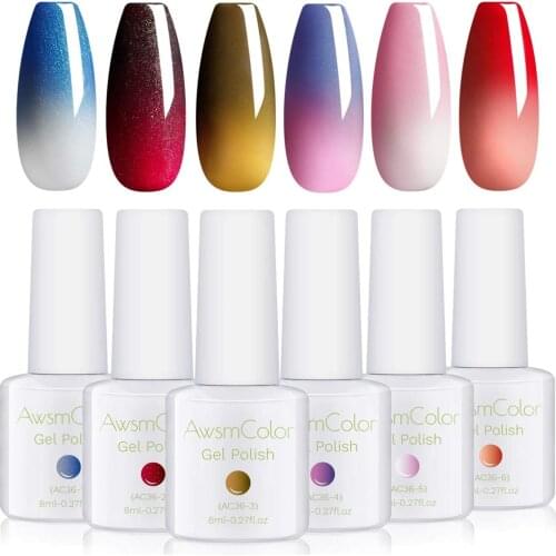 AwsmColor Color Changing Gel Nail Polish Yellow Pink Red White Glitter Blue, Warm Changing Soak Off LED Chameleon Nails