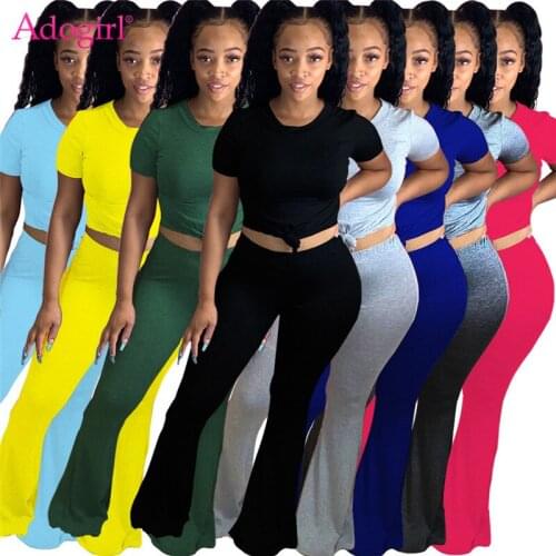 Adogirl Women Solid Two Piece Set Short Sleeve T Shirt Crop Top Bell Bottom Flare Pants Suit Female Fashion Tracksuit Outfits