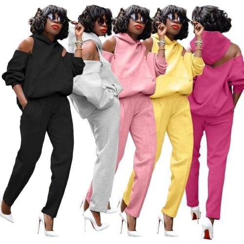 Backless Sexy Hoodie Sweatsuit Woman 2 Pieces Set Zipper Cut Out Shoulder Sweatshirt With Pocket Fall Casual Sweatpant Tracksuit
