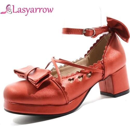 Lasyarrow Plus Size 48 Lolita Mary Janes Women High Heels Shoes Sweet Bowknot Ruffles Dress Party Wedding Shoes Bridal Princess