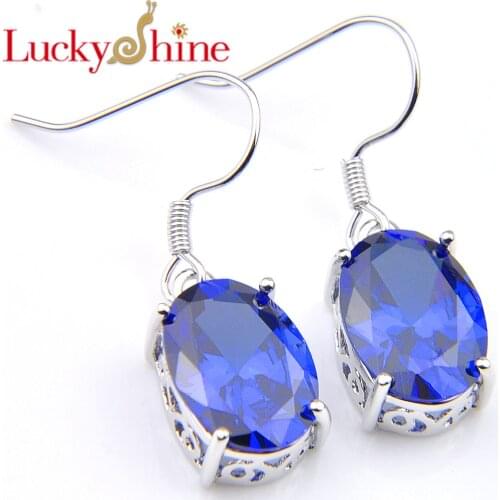 Luckyshine Simple Design Blue Crystal Zircon Gems Earrings Vintage Silver Color Oval For Women Dangle Hook Earrings 10*14 mm