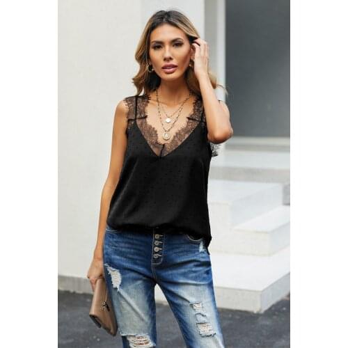 Women Dotted Tank Top Adults Sexy Sleeveless Eyelash V-Neck Lace Trim Pullover White Black Pink Light Blue Skin-Friendly