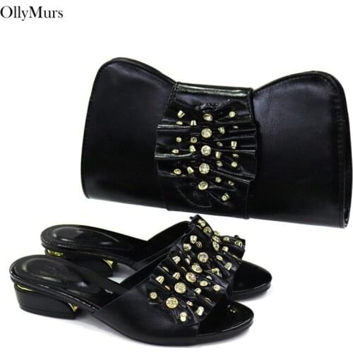 New Arrival Black color Slipper Woman Shoes And Bag Set Italian Fashion Low Heels Shoes And Bag Set For Evening Party