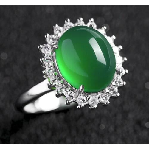 Drop Shipping Womens Ring Natural Green Agate Chalcedony Egg Sliver S925 Jades Ring Gift for Females Fine Jewelry