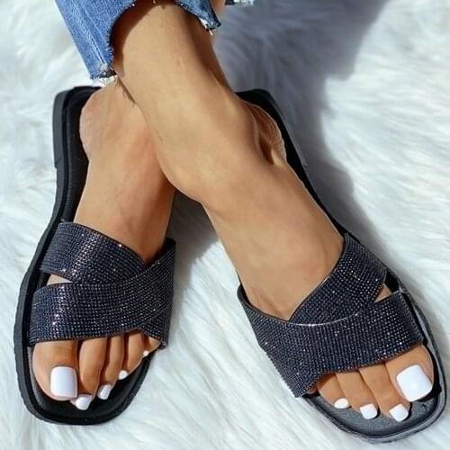 Summer Plus Size Slippers Woman Shoes Sequins Rhinestone Flat Open Toe Flip Flops Womans Slipper With Rhinestones Drop Ship