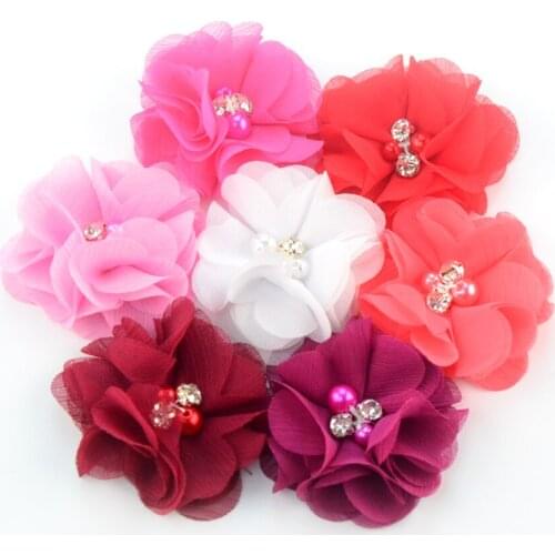 30pcs/lot 2 Inch Cute Chiffon Flowers with Rhinestone Pearl Center Hirls headbands Flowers Hair accessories MH22