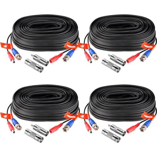 ZOSI 4-Packed 18.3m(60ft) CCTV Power Video BNC + DC plug cable for CCTV Camera and DVR system Coaxial Cable Black Color