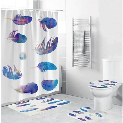 Waterproof Bathroom Shower Curtain Anti-Slip Toilet Mats Set Bluish Violet Feather Carpet Cover Bath Mat Pad Set 12 Hooks