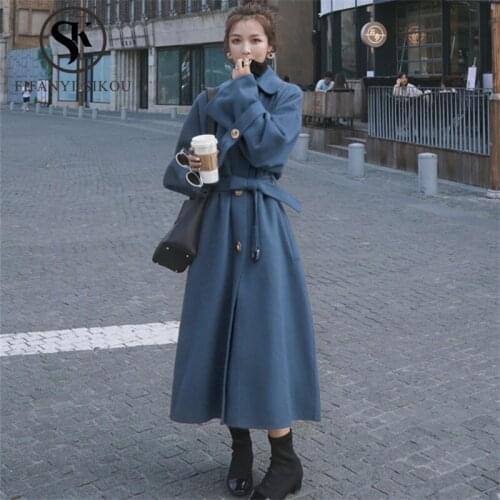Korean Women Wool Coat High quality Winter Coat Loose Plus size Thick Warm Overcoat Casual Wool blend Long Coat Female With Belt