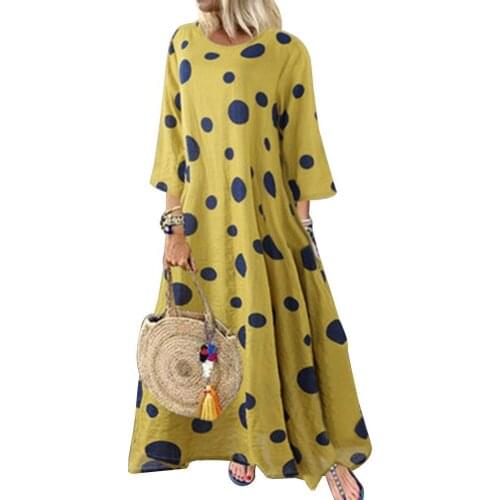 Women Dresses Fashion Polka Dot Printed 3/4 Sleeve O Neck Loose Cotton Linen Long Maxi Dress robe longue 2021
