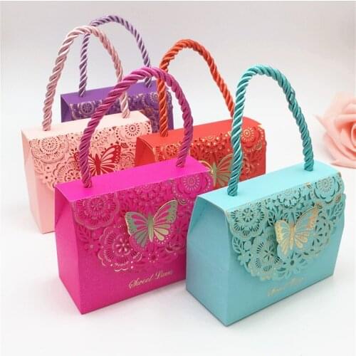 10Pcs/Lot Packaging Paper Gift Bag With Handle Printing Colorful Wedding Decoration Packing Box Handle Bag Butterfly Seal Bags