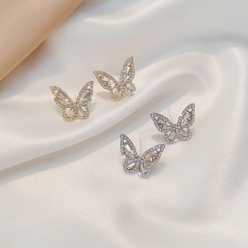 2021 elegant luxury Korean Fashion shiny Zircon Butterfly Earrings For Women girls trend Rhinestone Cute Stud Earring Kpop arete