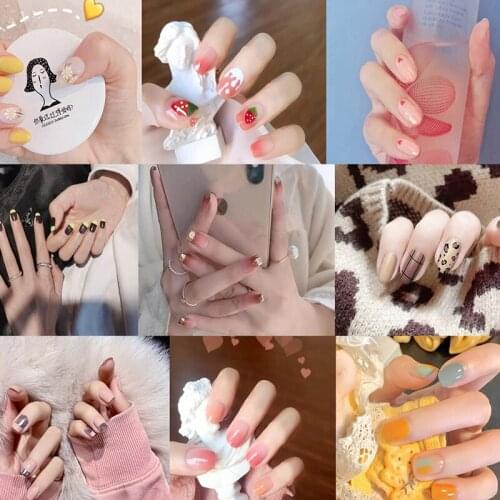 24pcs Long Fake Nails Tips Full Cover Oval Pink Gradient Cherry Style Flower Decorated For Fashion Girls Fashion