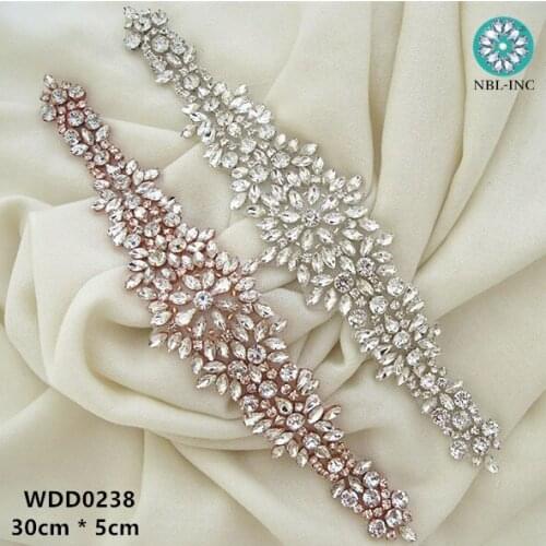 30 PIECES )Wholesale bridal sash beaded sewing silver crystal rhinestone appliques for wedding dresses sash DIY iron on WDD0238