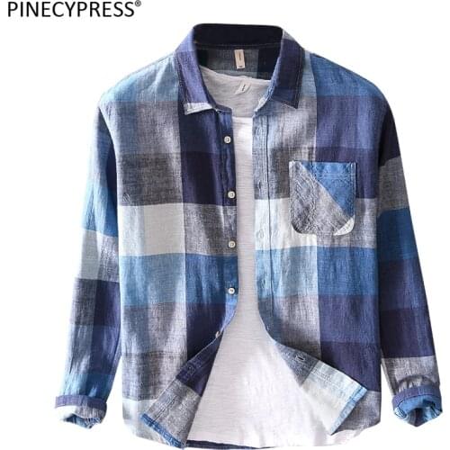 55% Linen 45% Cotton Anti-static Breathable Cool Dry Fast Spring Summer Long Sleeve Man Shirt Plaid Quality Casual Men Shirts
