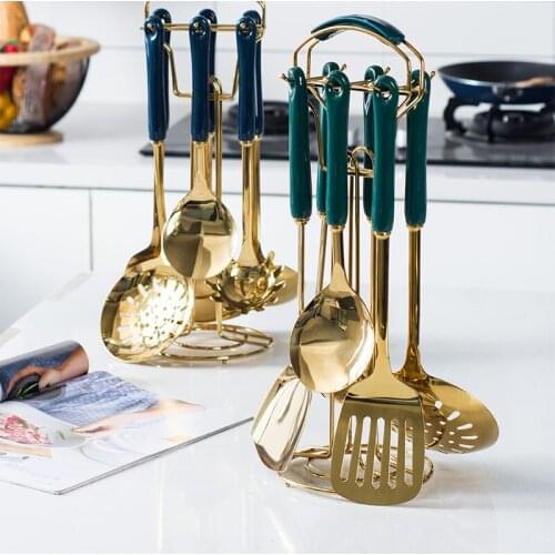 7pcs Cooking Utensils Set Non-stick cookware sets Ceramic Handle Cooking Tools With Hanging Rack Kitchen Tools Accessories