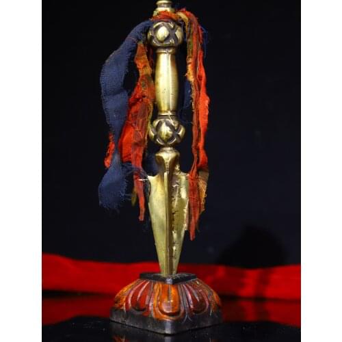 8" Tibet Buddhism Old Bronze Dorje Vajra Phurba Dagger Holder faqi Bodhi root base Tracing Exorcism Ward off evil spirits
