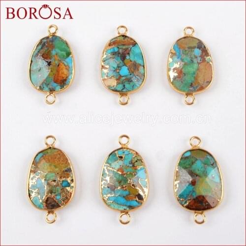 BOROSA 5/10PCS Gold Color Freeform Copper Natural Turquoises Connector Double Bails Copper Natural Blue Stone Connectors G1481
