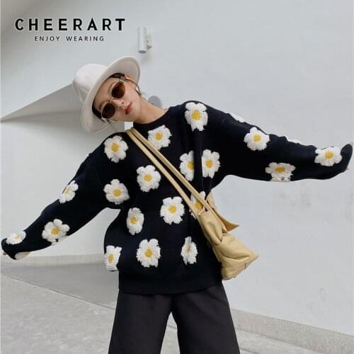 CHEERART Daisy Winter Sweaters For Women Fashion Pullover Knitted Sweater Sweatshirt Christmas Jumper Fashion 2020 Clothing