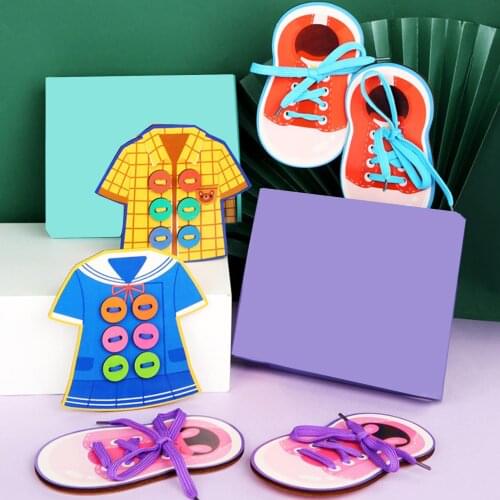 Wooden Button Shoelace Threading Toy Sewing Game Building Blocks Kids Handwork