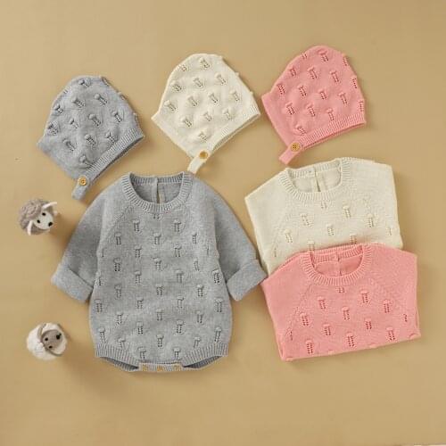 Autumn Winter Baby Girls Boys Knitted Romper + Hats Cotton Warm Long Sleeve Infant Rompers Newborn Jumpsuit Clothes