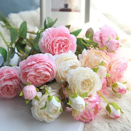 LuanQI 63cm Rose Pink Silk Peony Artificial Flowers Bouquet 3 Big Head Cheap Fake Flowers For Home Wedding Decoration Indoor
