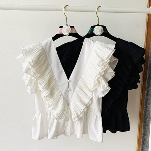 Sweet Style Ruffles Women White Shirts Summer New Design 2021 V-Neck Rufflse Sleeved Slim Short Elegant Female Outwear Tops