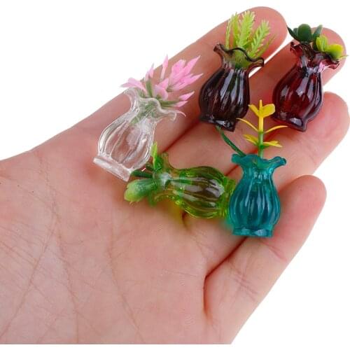 5pcs Dollhouse Miniatures 1:12 Colorful Mini Ceramic Pot DIY Handmade Doll House Kitchen Ceramic Decora vase+flower