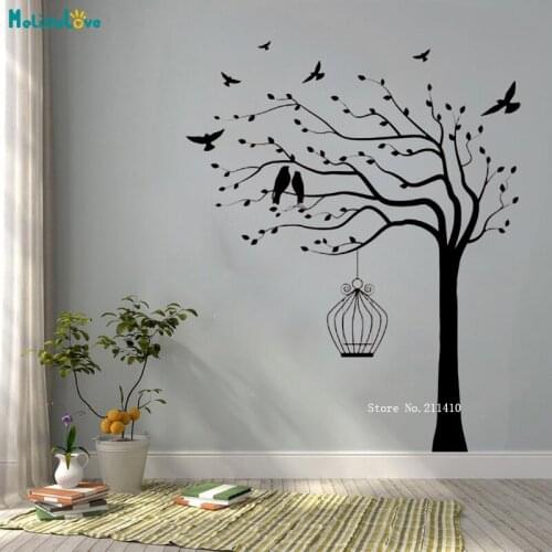 Custom One Color Tree Wall Stickers Nature With Birds Living Room Self-adhesive New Design Art Decals Handmade YT5196