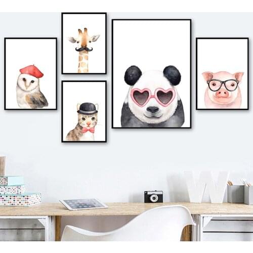 Giraffe Panda Owl Guinea Pig Dog Cat Hat Animal Wall Art Canvas Painting Nordic Posters And Prints Wall Pictures Kids Room Decor