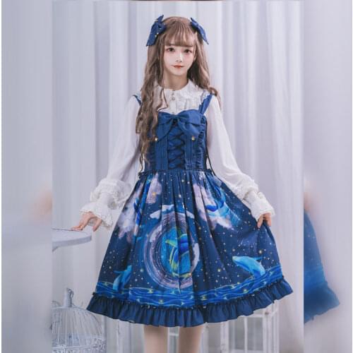 Japanese Harajuku Sweet Lolita Jsk Dress Women Cute Nebula Whale Blue Sling Dress Girls Kawaii Ruffles Bow Tea Party Dresses