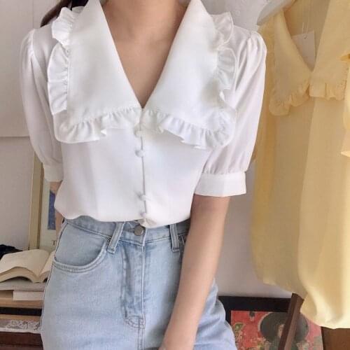 Casual Cardigan Top Korea Style Women Summer Yellow Sweet Chiffon Blouse Ruffle Peter Pan Collar Half Sleeve Shirt