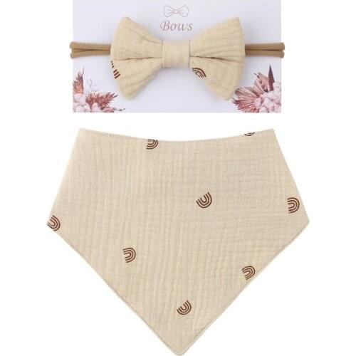 2 Pcs Baby Girls Elastic Bow Headband Saliva Towel Set Princess Bowknot Hair Band Bibs Feeding Burp Cloth Kit