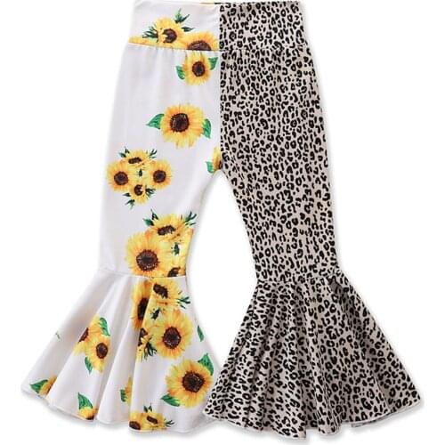2-6Years Infant Color Block Flared Pants Baby Girls Mid-rise Sunflower & Leopard Print Trousers