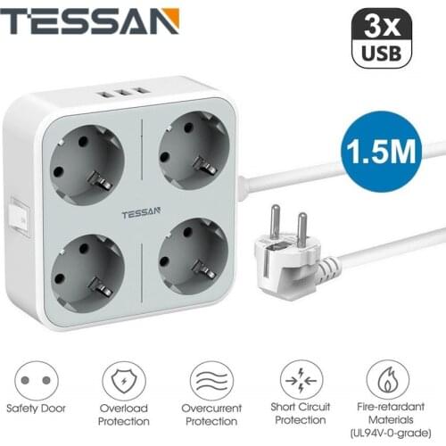 TESSAN Mountable EU Power Strip with 4 Outlets 3 USB Ports and 1.5M Extension Cord Desktop Multi Outlets EU Plug Socket 5ft Wire