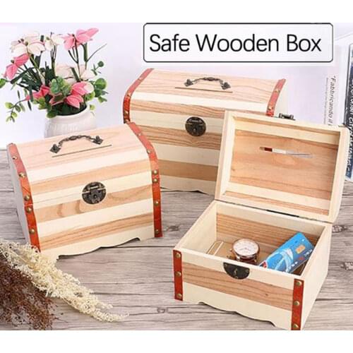 Hot Selling Wooden Treasure Chest With Lock Piggy Bank Coin Safe Box Large Wooden Secret Box Variety Of Optional 250*154*180MM