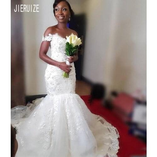 JIERUIZE Luxury White African Mermaid Wedding Dresses Off Shoulder Appliques Beaded Wedding Gowns Lace Up Back vestido de noiva