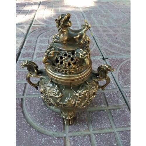 Vintage incense burner Foo Dog Beast incensory signed bottom Lucky geomantic omen by Copper