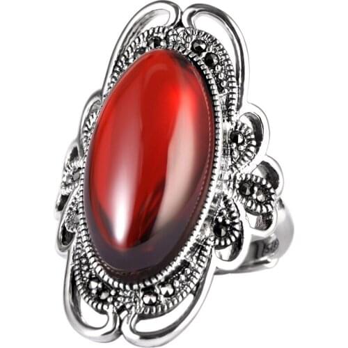 Vintage S925 Mosaic Synthetic Garnet Hollow Ladies Open Ring Adjustable