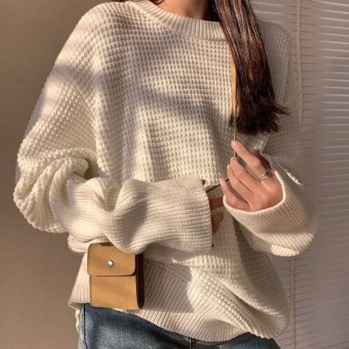 Waffle Plaid Knit Top Autumn Vintage Womens Solid Color Long Sleeve Korean Oversized Sweater chic Harajuku O-neck Pullover 2021