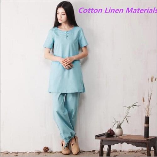 High Quality Cotton linen Kungfu Suits Top + Pants Exercise Clothing Lady Summer Meditation Clothes Short sleeved Yoga apparel