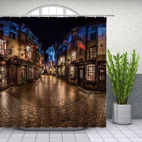 Night View Shower Curtains Diagon Street Retro Building House Shop Scenery Pattern Bathroom Polyester Cloth Hanging Curtain Set