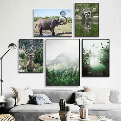 Green Forest Mountain Scenery Wall Art Print Poster Nature Animal Painting Deer Elephant Canvas Wall Pictures Living Room Decor