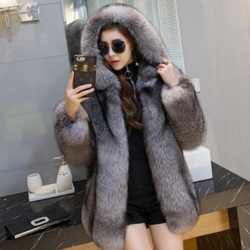 Women silver frost fox fur coat with fur hood medium long fur overcoat female luxury warm jacket winter outerwear